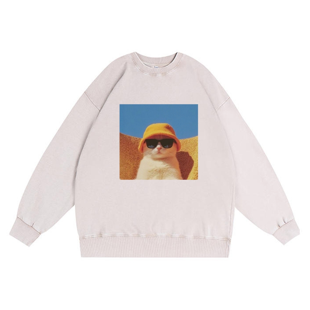 Cool Cat In Yellow Bucket Hat Streetwear Retro Premium Washed Cotton Crewneck Sweatshirt