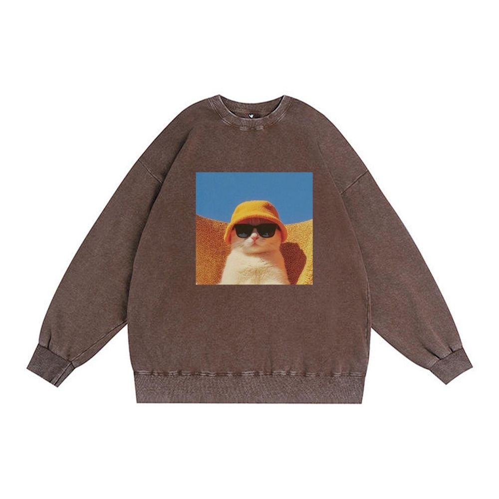 Cool Cat In Yellow Bucket Hat Streetwear Retro Premium Washed Cotton Crewneck Sweatshirt