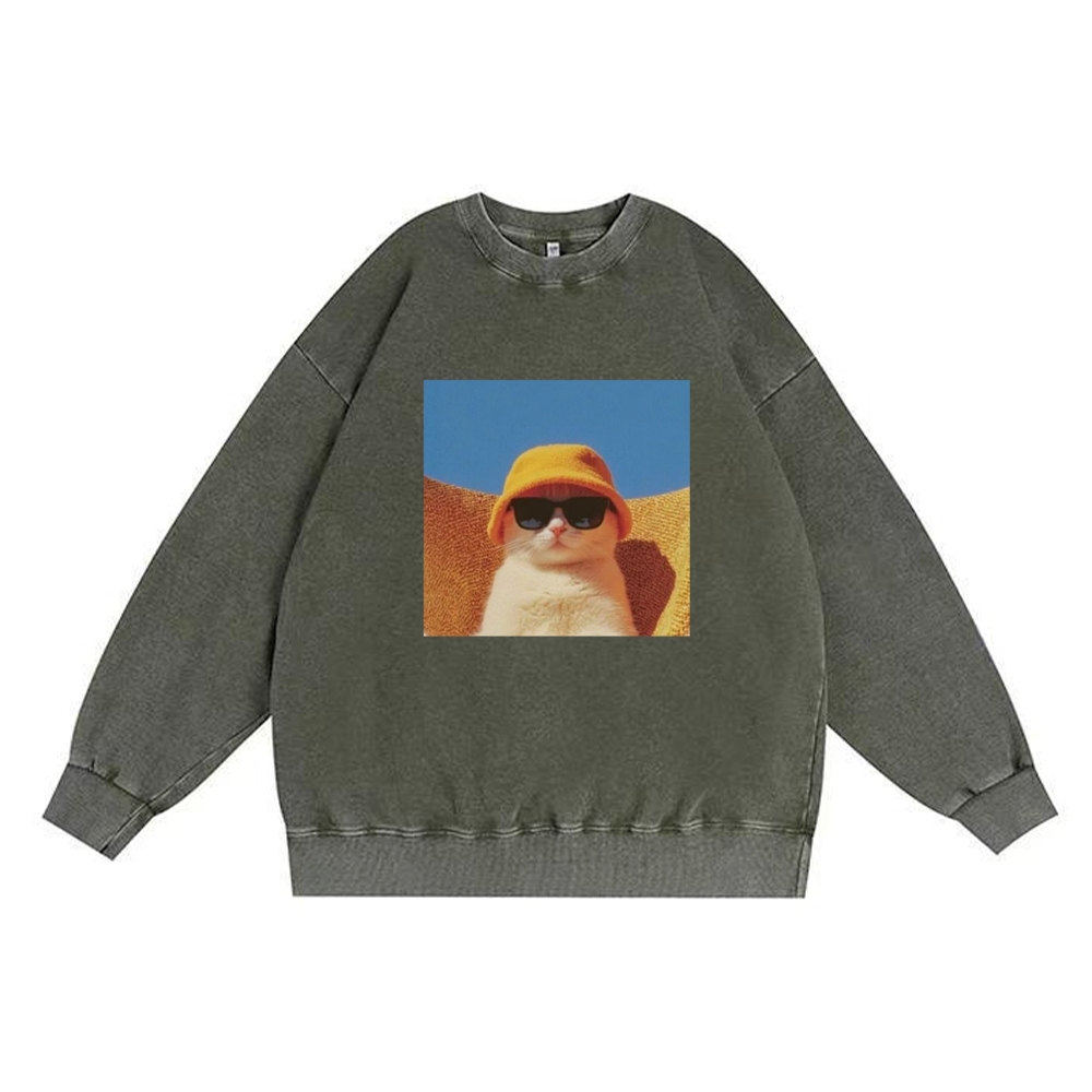 Cool Cat In Yellow Bucket Hat Streetwear Retro Premium Washed Cotton Crewneck Sweatshirt