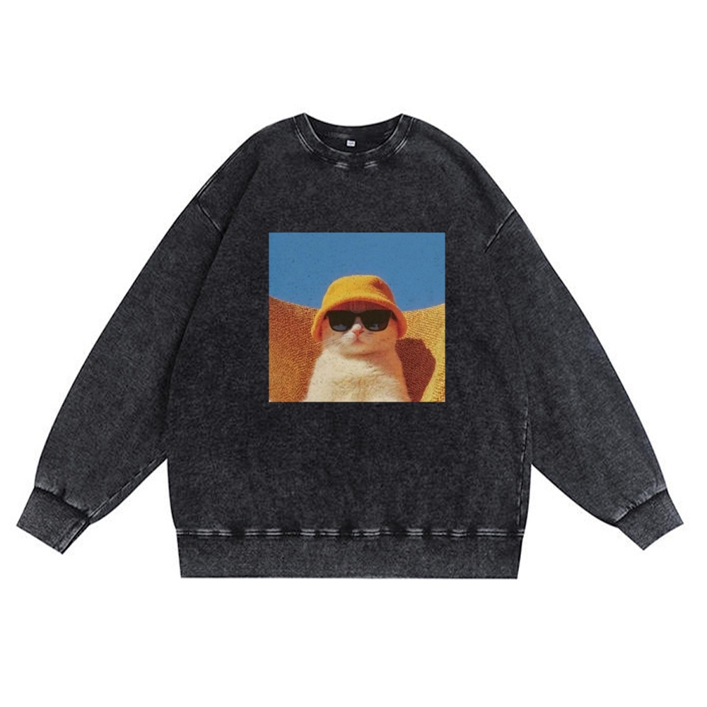Cool Cat In Yellow Bucket Hat Streetwear Retro Premium Washed Cotton Crewneck Sweatshirt