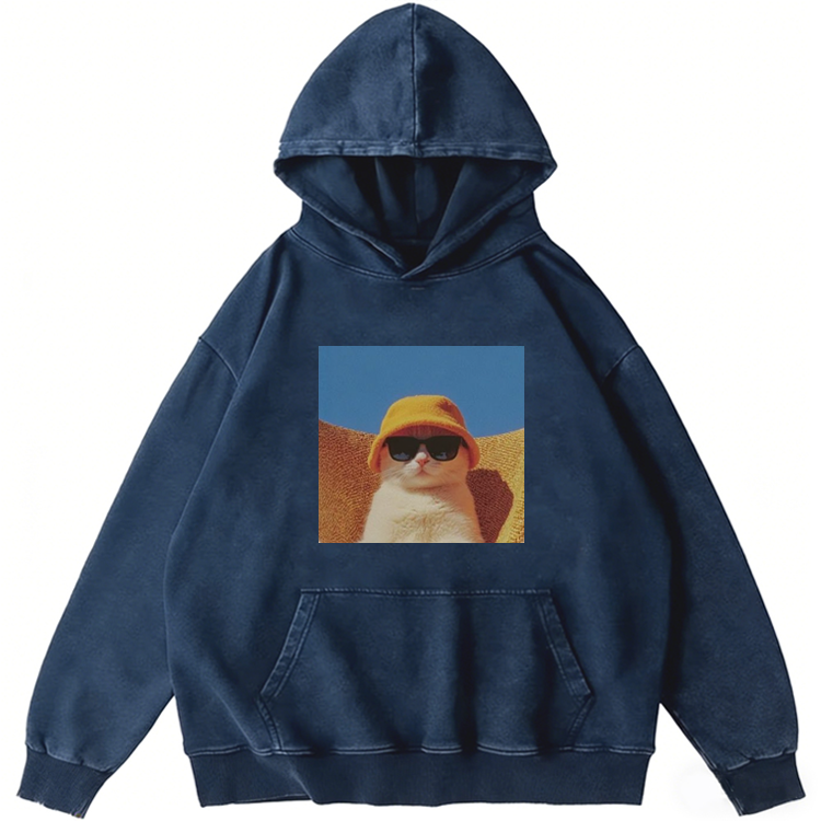 Cool Cat In Yellow Bucket Hat Streetwear Retro Washed Hoodie