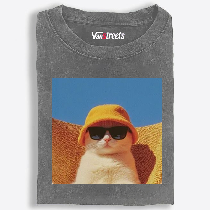 Cool Cat In Yellow Bucket Hat Streetwear Retro Washed T-Shirt | 100% Cotton | Streetwear Essential
