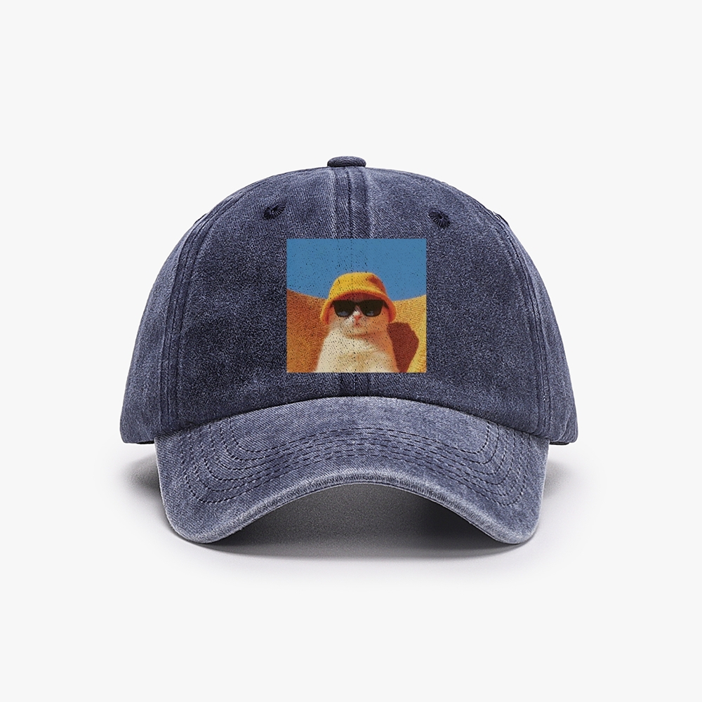 Cool Cat In Yellow Bucket Hat Streetwear Retro Washed Baseball Cap