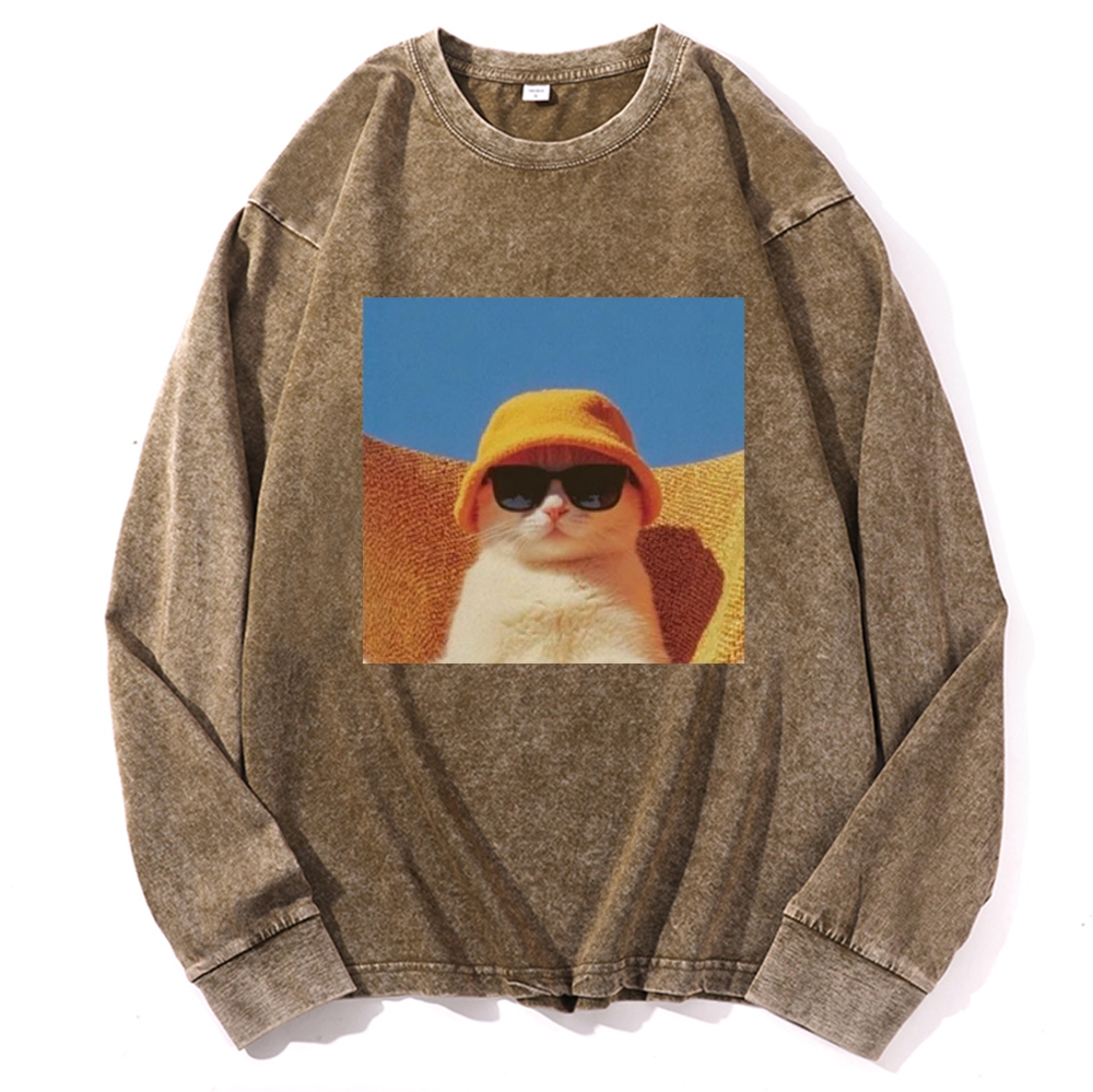 Cool Cat In Yellow Bucket Hat Streetwear Retro Washed Long Sleeve T-Shirt