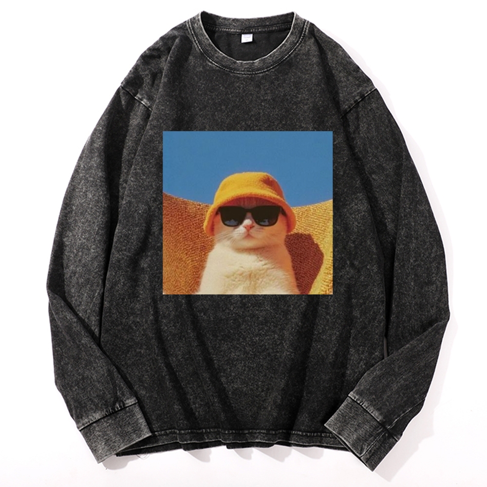 Cool Cat In Yellow Bucket Hat Streetwear Retro Washed Long Sleeve T-Shirt