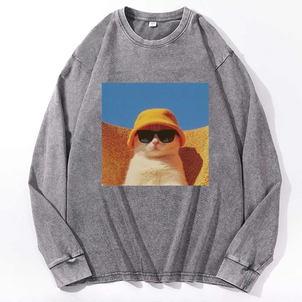 Cool Cat In Yellow Bucket Hat Streetwear Retro Washed Long Sleeve T-Shirt