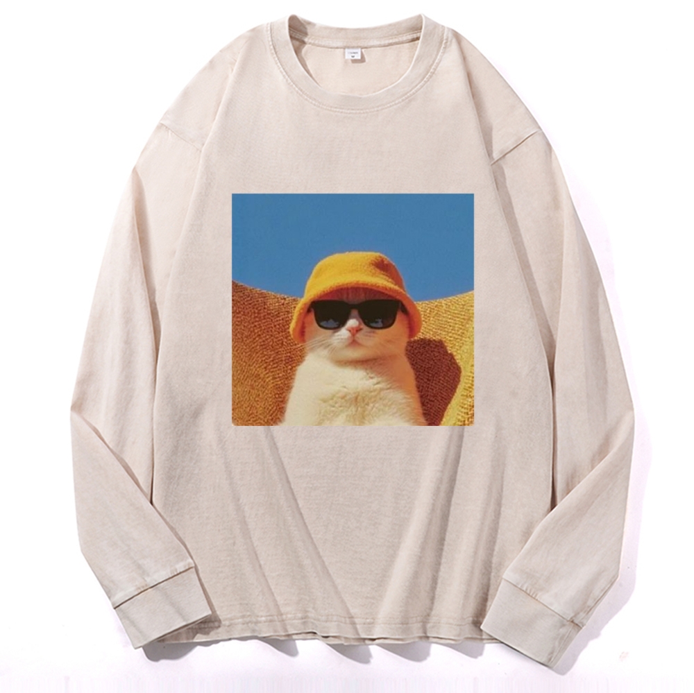 Cool Cat In Yellow Bucket Hat Streetwear Retro Washed Long Sleeve T-Shirt