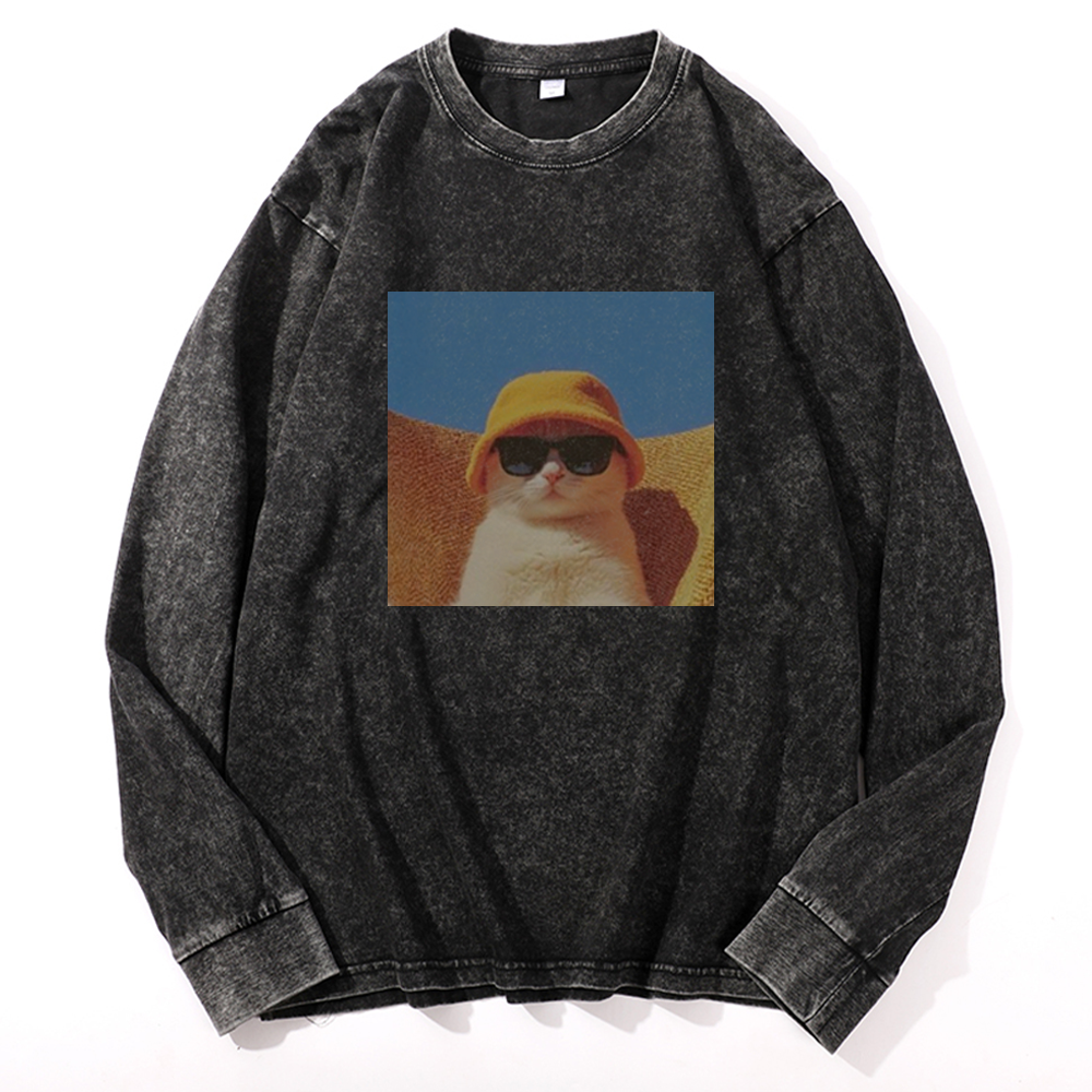 Cool Cat In Yellow Bucket Hat Streetwear Retro Washed Long Sleeve T-Shirt