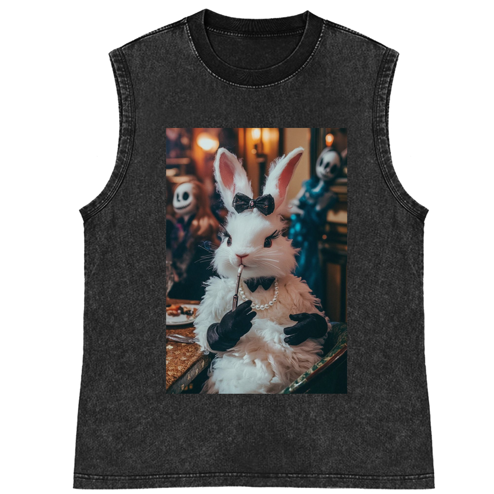 Gothic Party White Rabbit Meme Retro Washed Tank Top