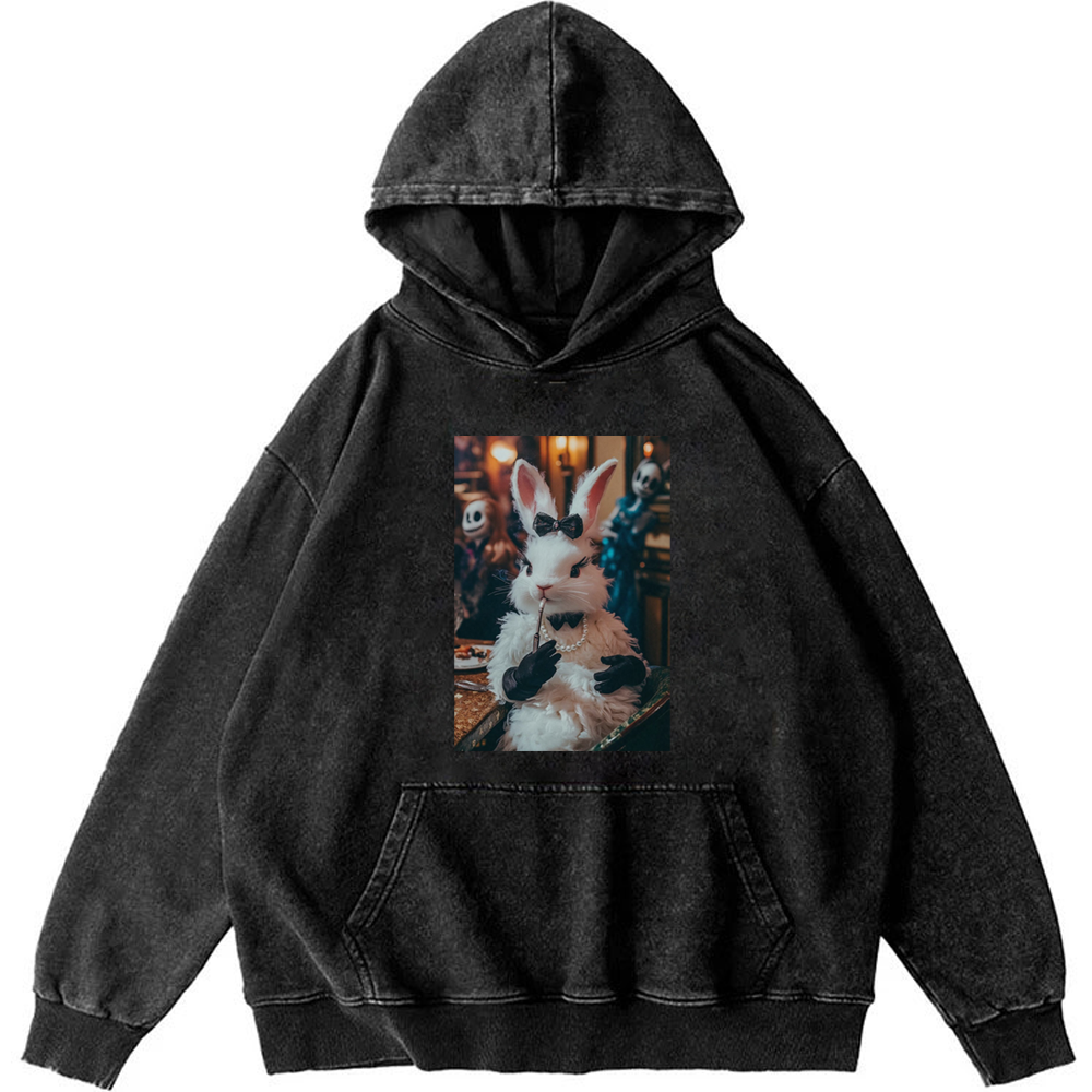 Gothic Party White Rabbit Meme Retro Washed Hoodie