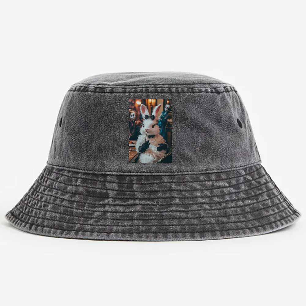 Gothic Party White Rabbit Meme Retro Vintage Washed Bucket Hat