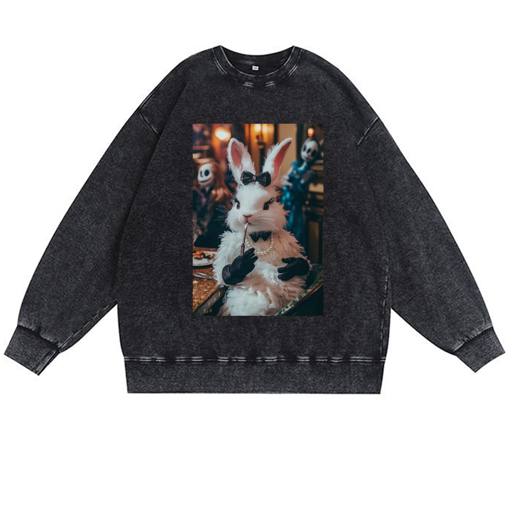 Gothic Party White Rabbit Meme Retro Premium Washed Cotton Crewneck Sweatshirt