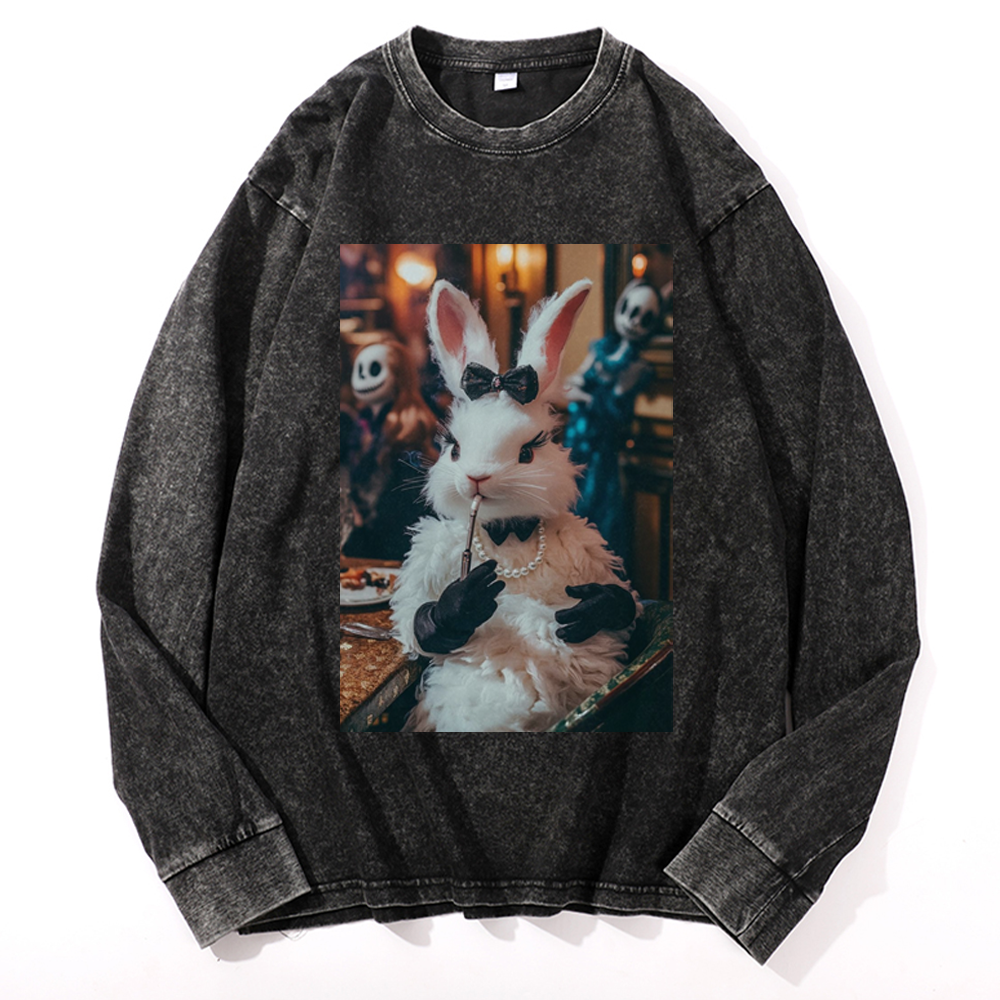 Gothic Party White Rabbit Meme Retro Washed Long Sleeve T-Shirt