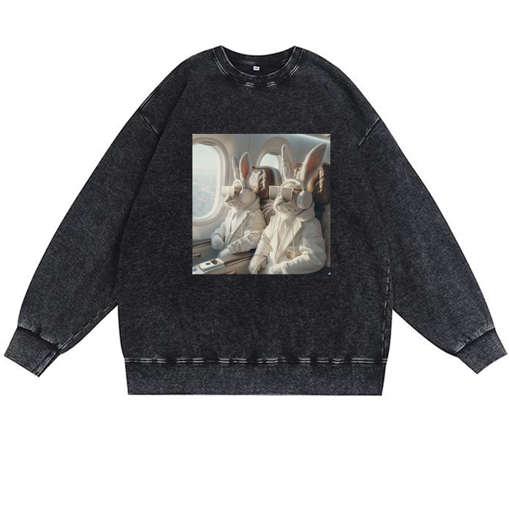 Business Bunnies In First Class Meme Retro Premium Washed Cotton Crewneck Sweatshirt