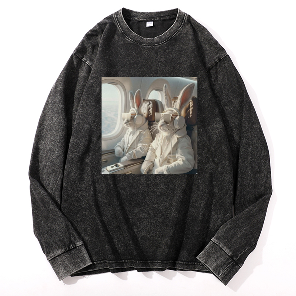 Business Bunnies In First Class Meme Retro Washed Long Sleeve T-Shirt