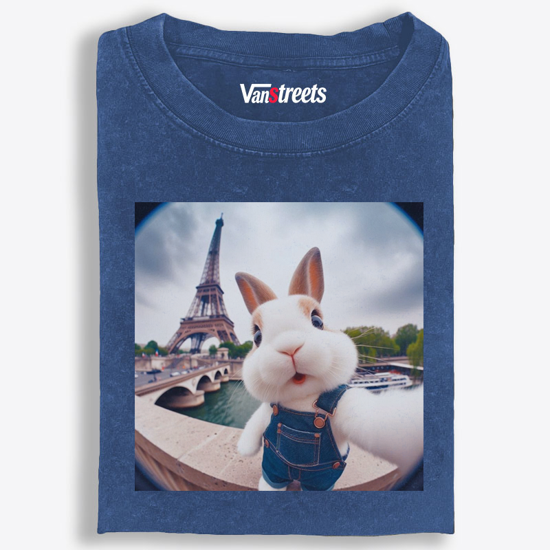 Eiffel Tower Selfie Bunny Meme Retro Washed T-Shirt | 100% Cotton | Streetwear Essential