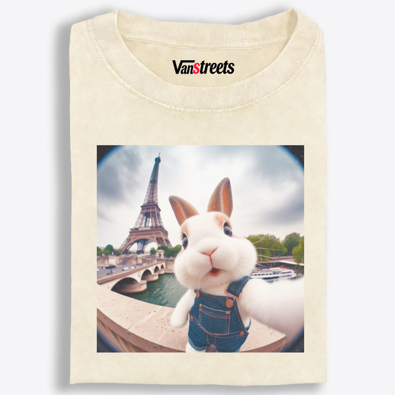 Eiffel Tower Selfie Bunny Meme Retro Washed T-Shirt | 100% Cotton | Streetwear Essential