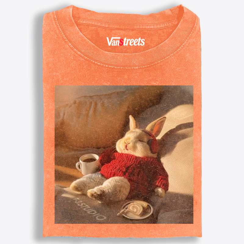 Lazy Coffee Bunny Meme Retro Washed T-Shirt | 100% Cotton | Streetwear Essential