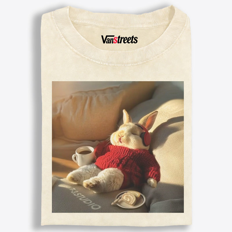 Lazy Coffee Bunny Meme Retro Washed T-Shirt | 100% Cotton | Streetwear Essential