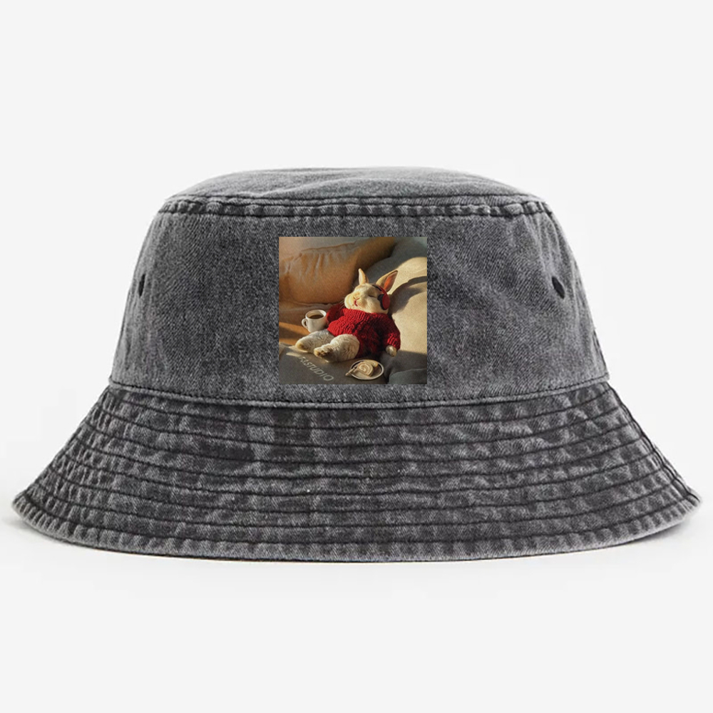 Lazy Coffee Bunny Meme Retro Vintage Washed Bucket Hat