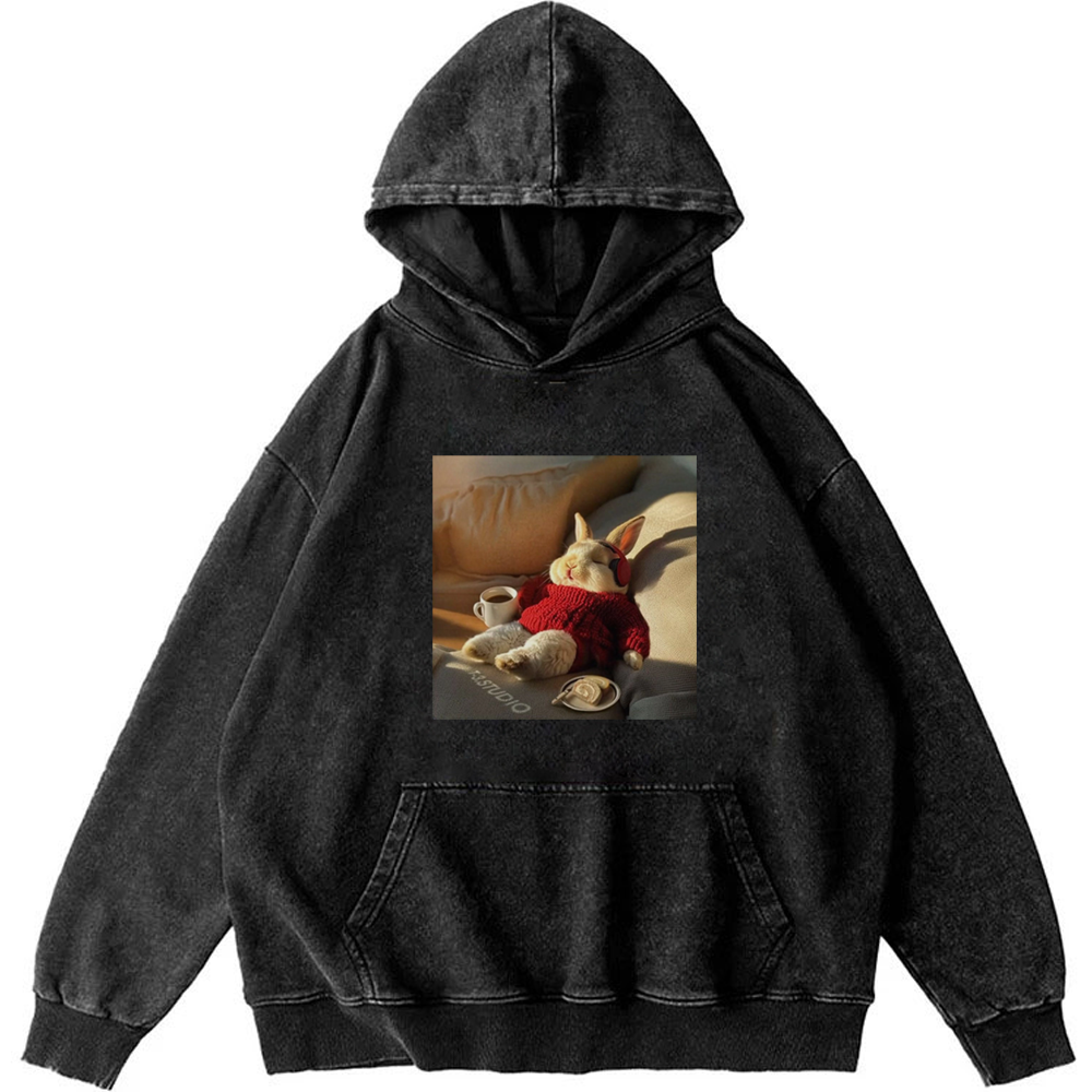 Lazy Coffee Bunny Meme Retro Washed Hoodie