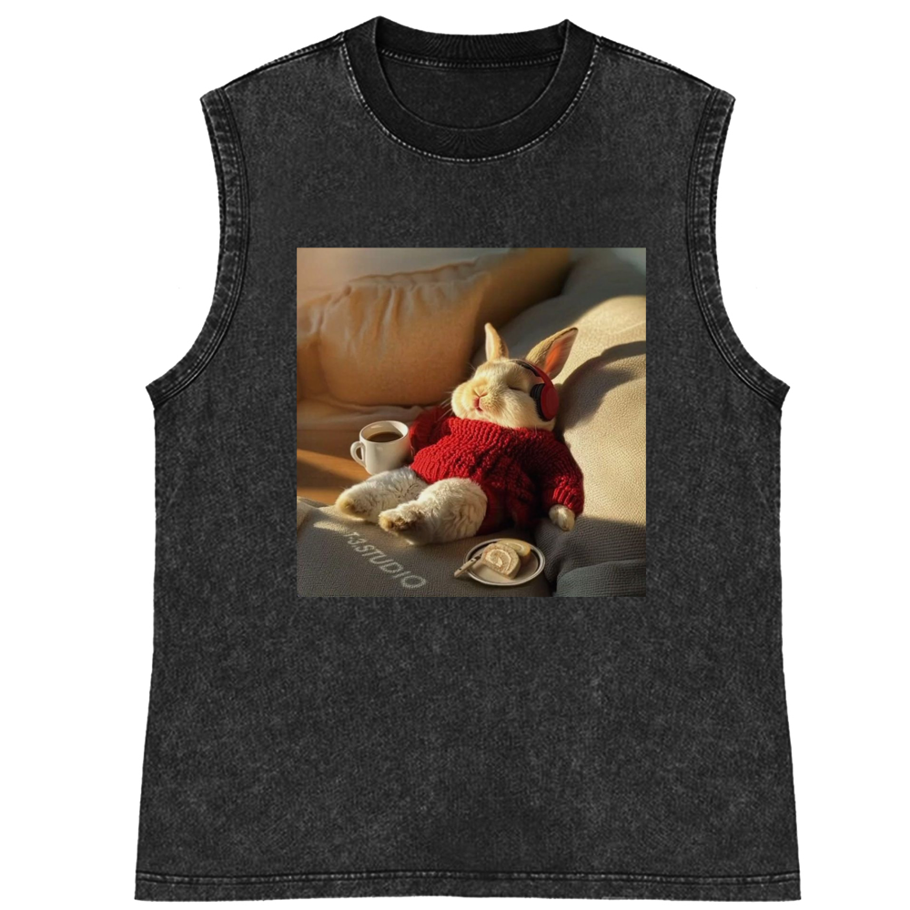 Lazy Coffee Bunny Meme Retro Washed Tank Top