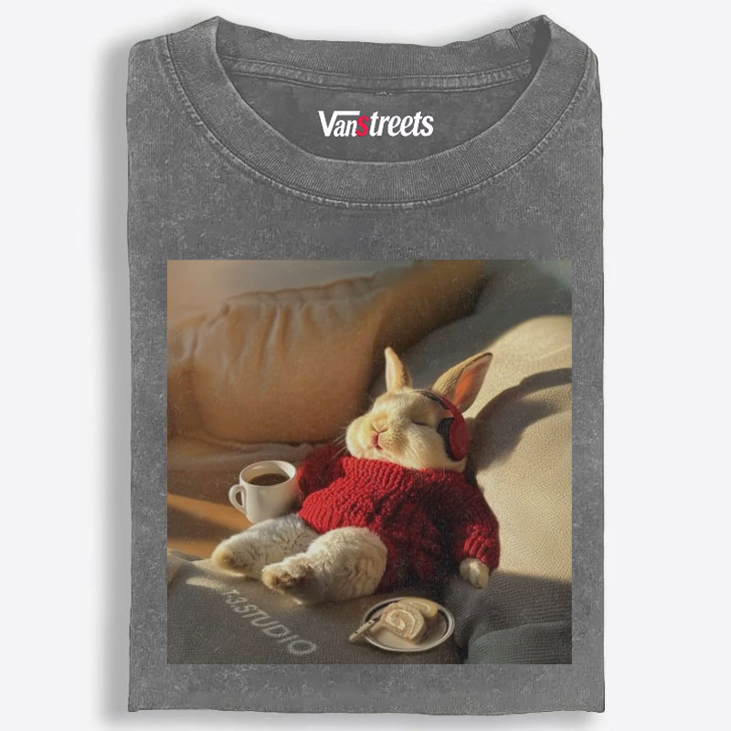Lazy Coffee Bunny Meme Retro Washed T-Shirt | 100% Cotton | Streetwear Essential