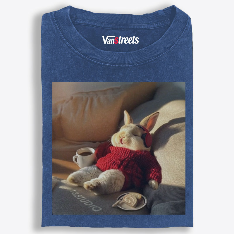 Lazy Coffee Bunny Meme Retro Washed T-Shirt | 100% Cotton | Streetwear Essential