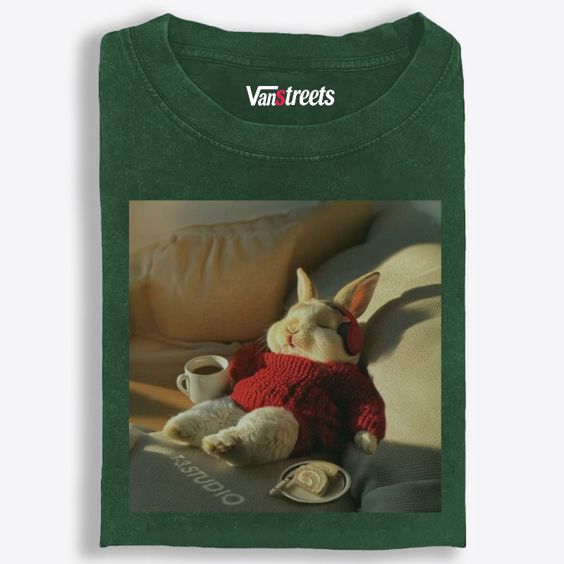 Lazy Coffee Bunny Meme Retro Washed T-Shirt | 100% Cotton | Streetwear Essential