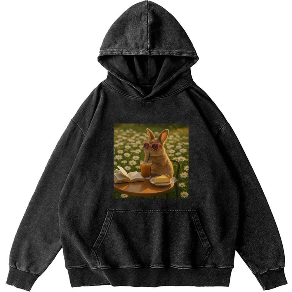 Daisy Afternoon Tea Bunny Meme Retro Washed Hoodie