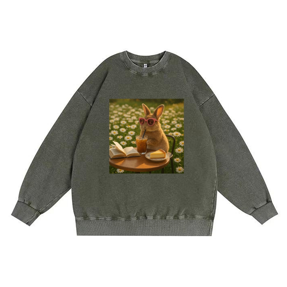 Daisy Afternoon Tea Bunny Meme Retro Premium Washed Cotton Crewneck Sweatshirt