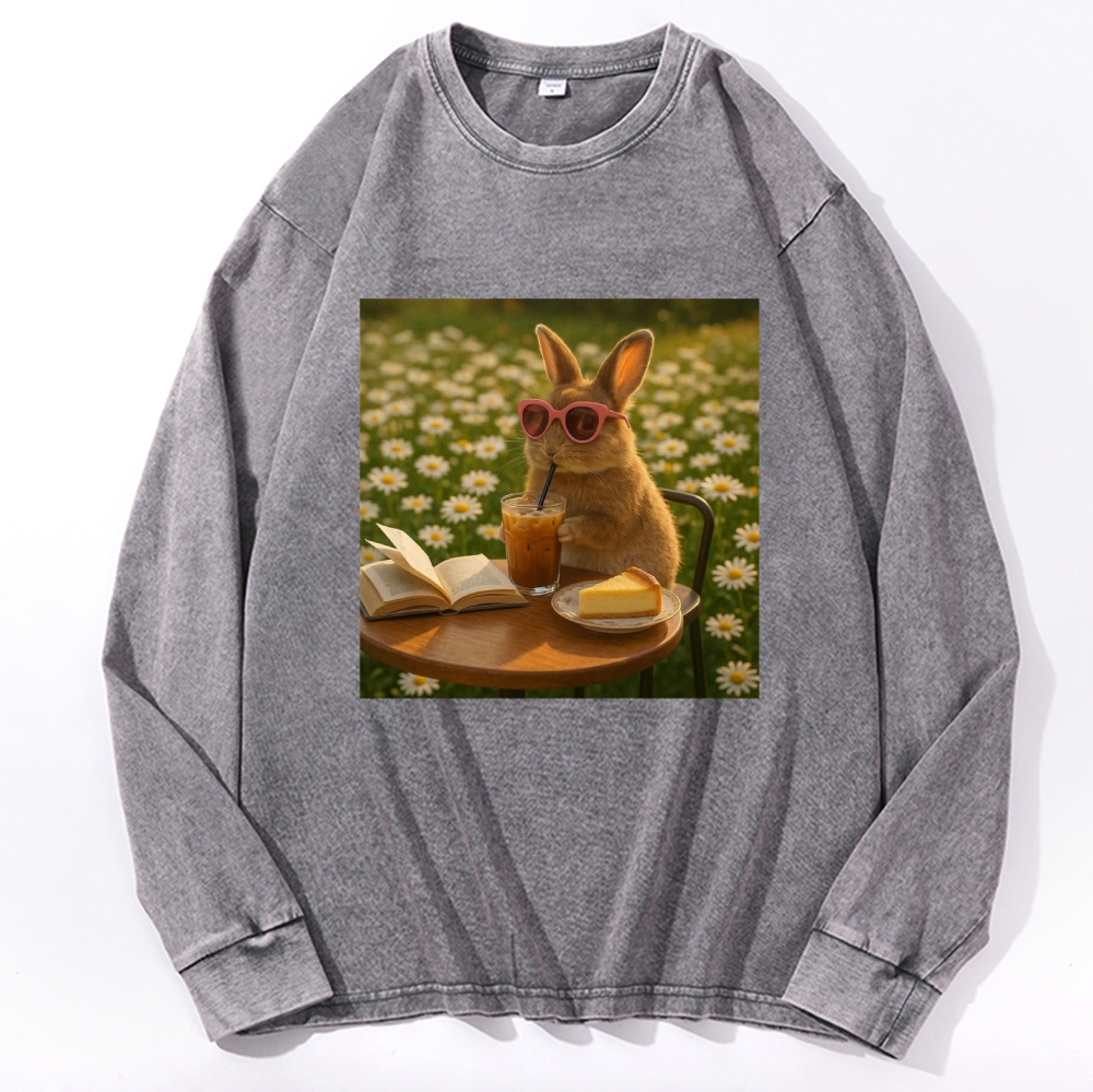 Daisy Afternoon Tea Bunny Meme Retro Premium Washed Cotton Crewneck Sweatshirt