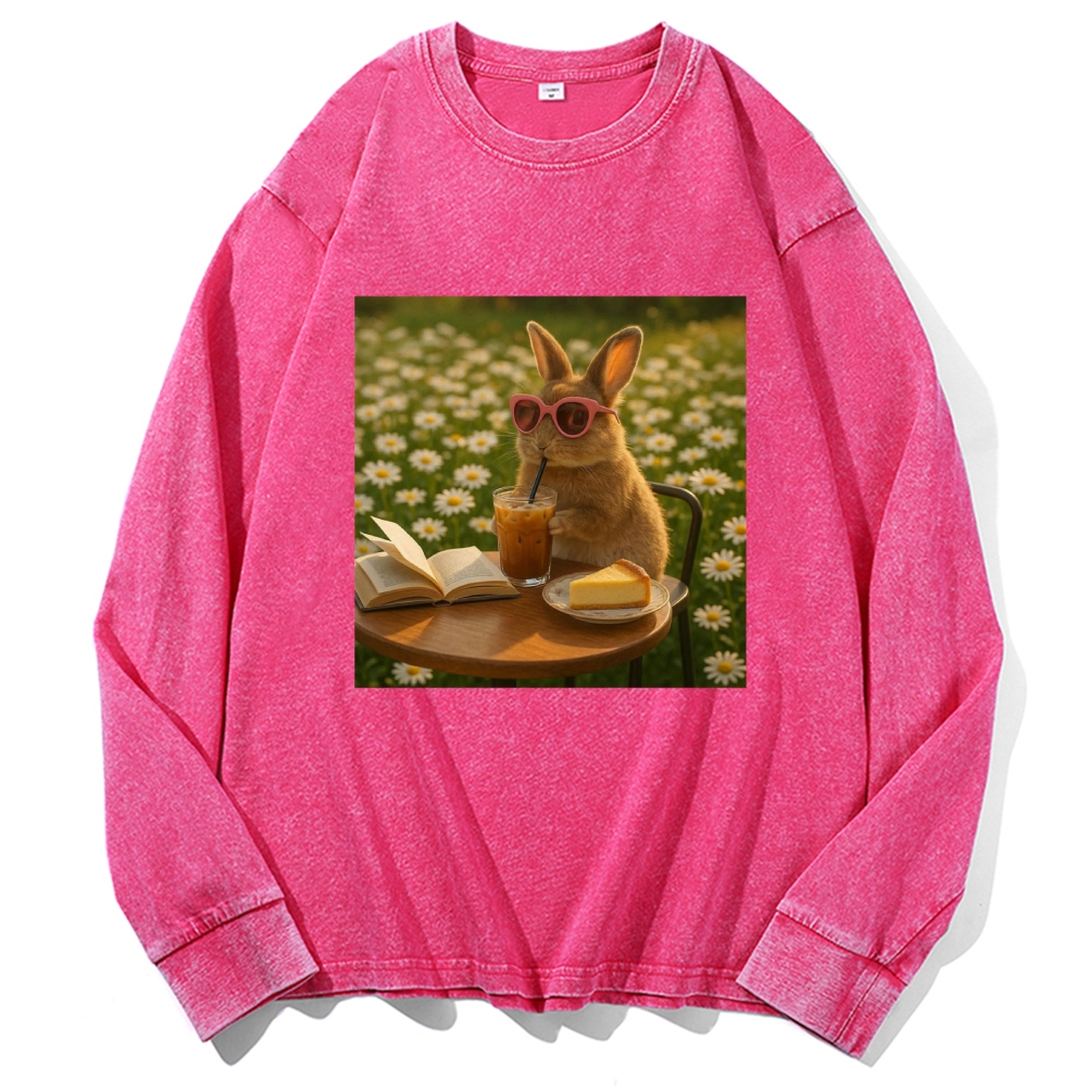Daisy Afternoon Tea Bunny Meme Retro Premium Washed Cotton Crewneck Sweatshirt