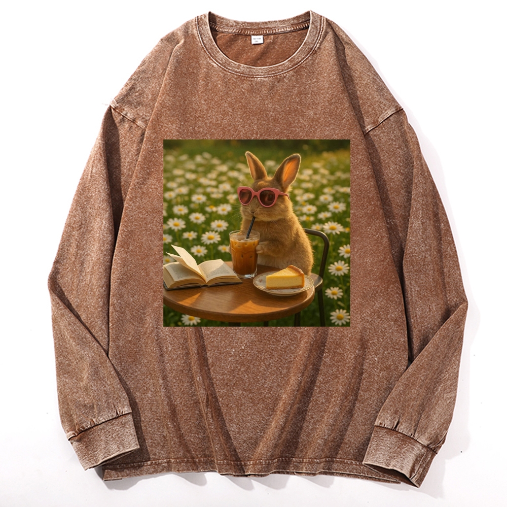 Daisy Afternoon Tea Bunny Meme Retro Premium Washed Cotton Crewneck Sweatshirt