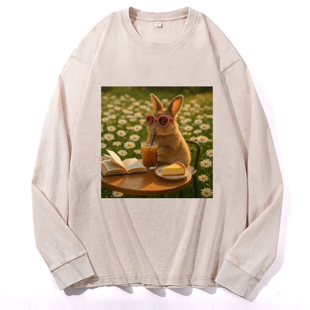 Daisy Afternoon Tea Bunny Meme Retro Premium Washed Cotton Crewneck Sweatshirt