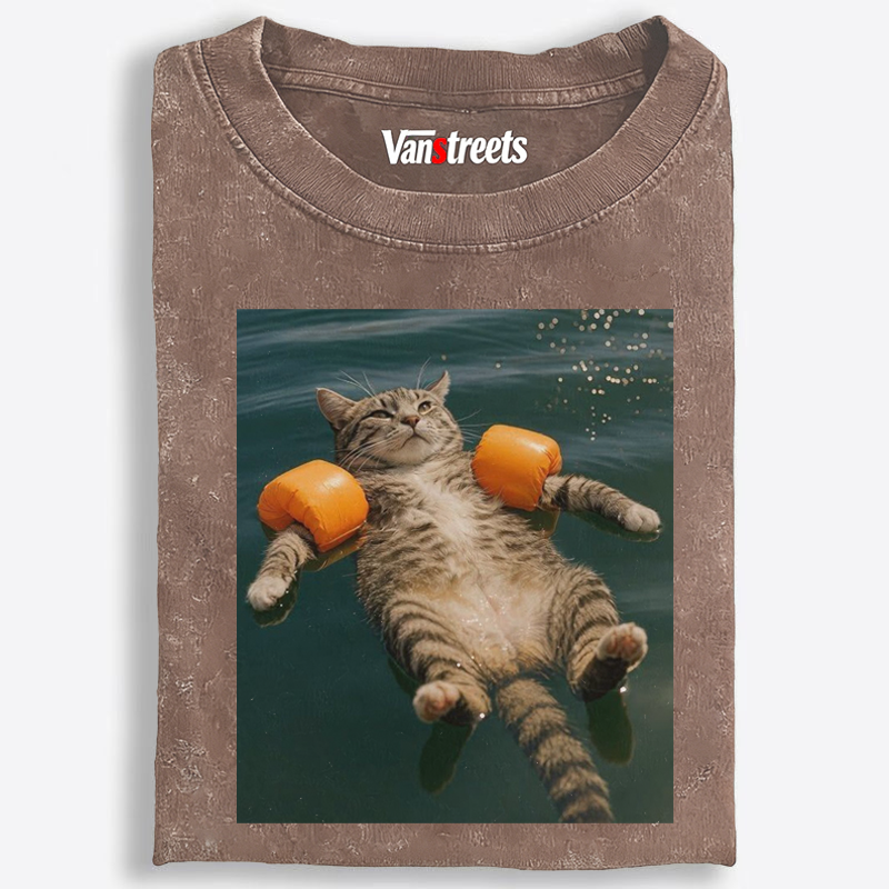 Tabby Cat With Arm Floaties Swimming Meme Retro Washed T-Shirt | 100% Cotton | Streetwear Essential