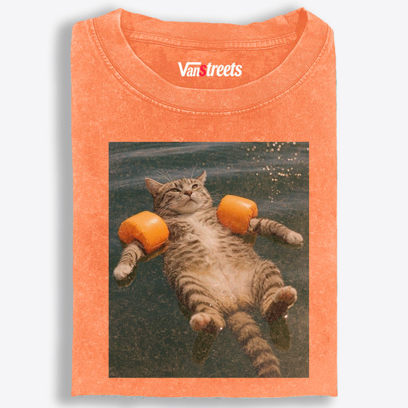Tabby Cat With Arm Floaties Swimming Meme Retro Washed T-Shirt | 100% Cotton | Streetwear Essential