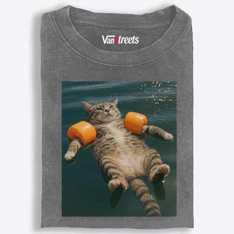 Tabby Cat With Arm Floaties Swimming Meme Retro Washed T-Shirt | 100% Cotton | Streetwear Essential
