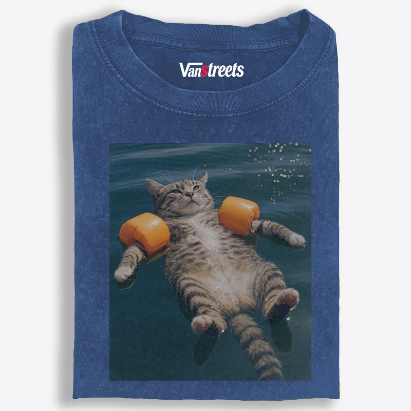 Tabby Cat With Arm Floaties Swimming Meme Retro Washed T-Shirt | 100% Cotton | Streetwear Essential