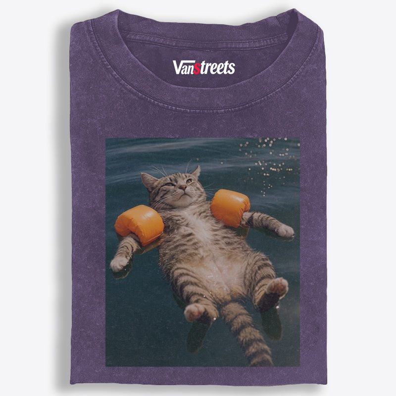 Tabby Cat With Arm Floaties Swimming Meme Retro Washed T-Shirt | 100% Cotton | Streetwear Essential