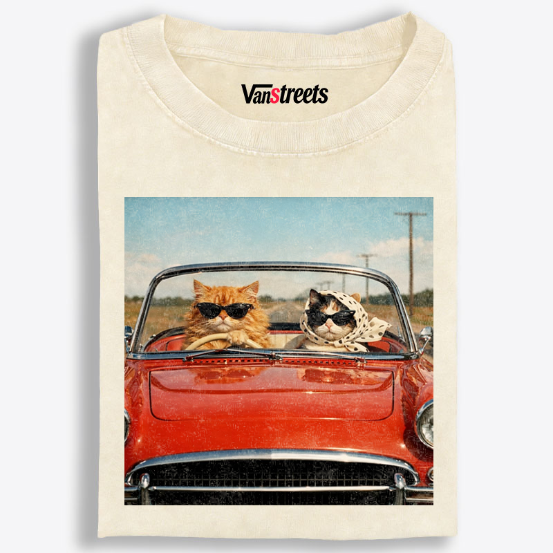 Cats In Red Convertible Road Trip Meme Retro Washed T-Shirt | 100% Cotton | Streetwear Essential
