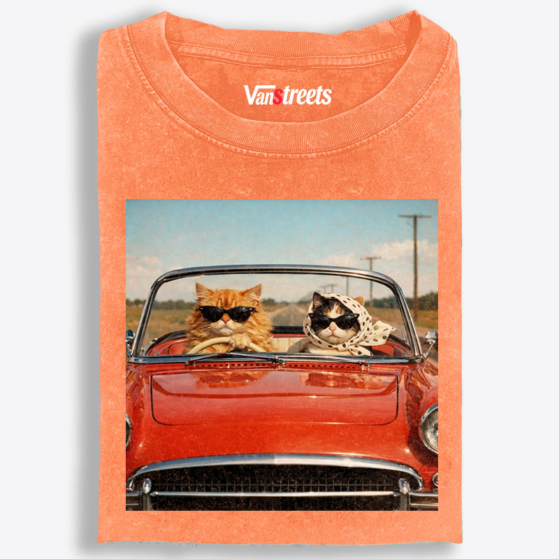 Cats In Red Convertible Road Trip Meme Retro Washed T-Shirt | 100% Cotton | Streetwear Essential