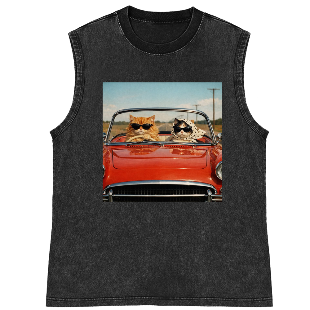 Cats In Red Convertible Road Trip Meme Retro Washed Tank Top