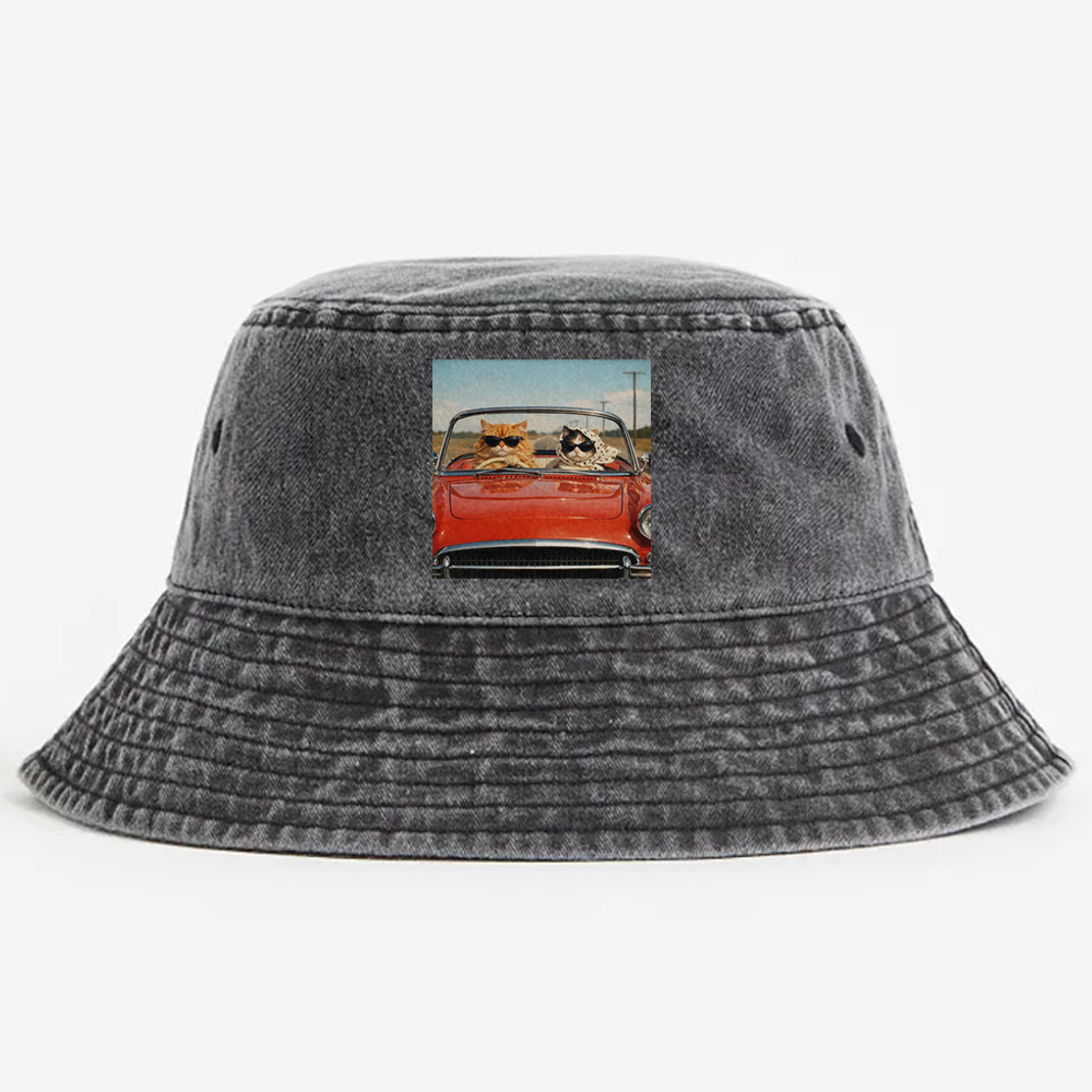 Cats In Red Convertible Road Trip Meme Retro Washed Baseball Cap