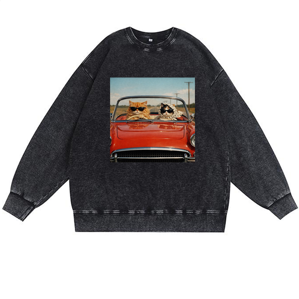 Cats In Red Convertible Road Trip Meme Retro Premium Washed Cotton Crewneck Sweatshirt