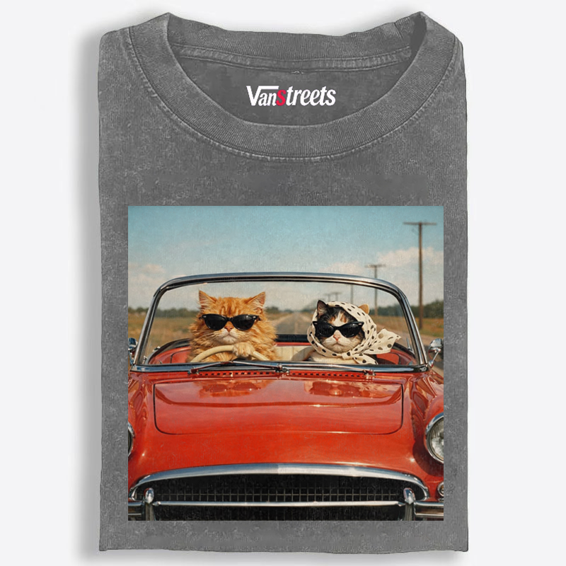 Cats In Red Convertible Road Trip Meme Retro Washed T-Shirt | 100% Cotton | Streetwear Essential