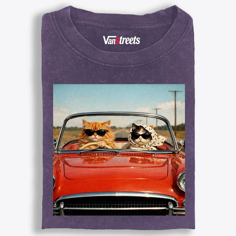 Cats In Red Convertible Road Trip Meme Retro Washed T-Shirt | 100% Cotton | Streetwear Essential