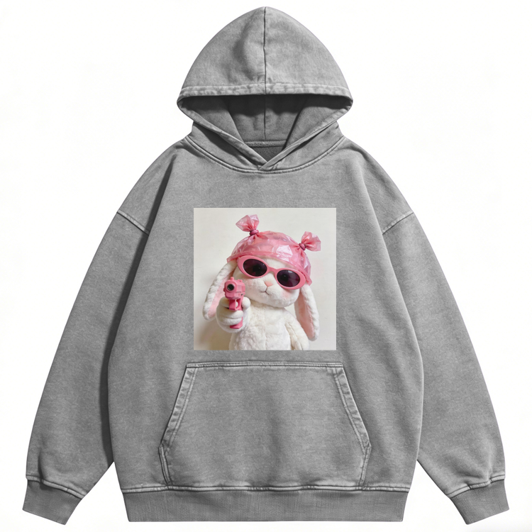 Pink Gun Gangsta Bunny Meme Retro Washed hoodie