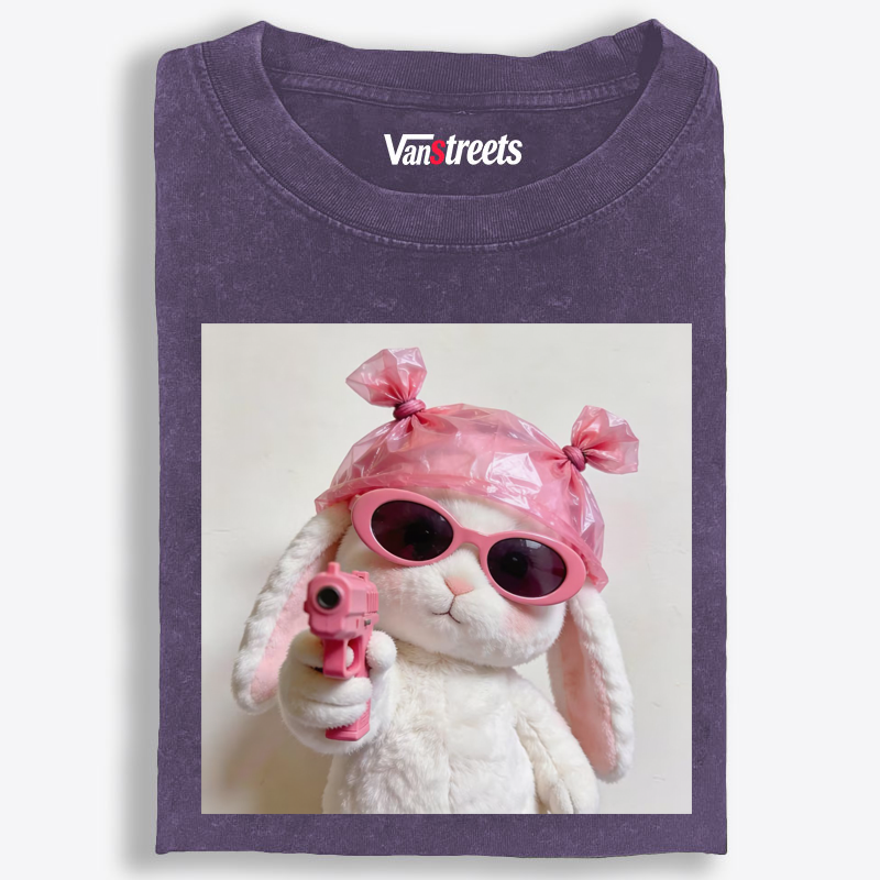 Pink Gun Gangsta Bunny Meme Retro Washed T-Shirt | 100% Cotton | Streetwear Essential