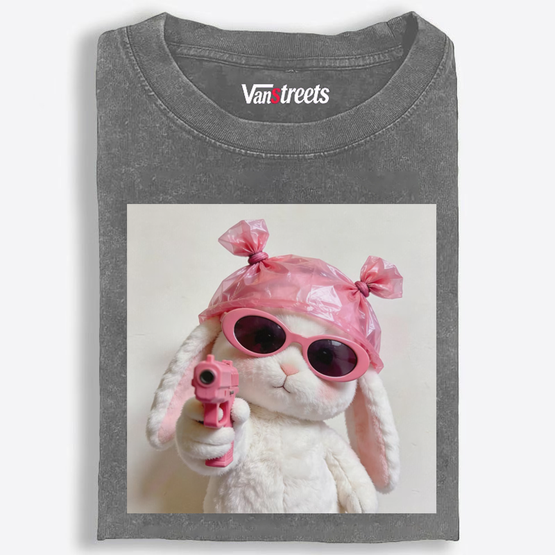 Pink Gun Gangsta Bunny Meme Retro Washed T-Shirt | 100% Cotton | Streetwear Essential